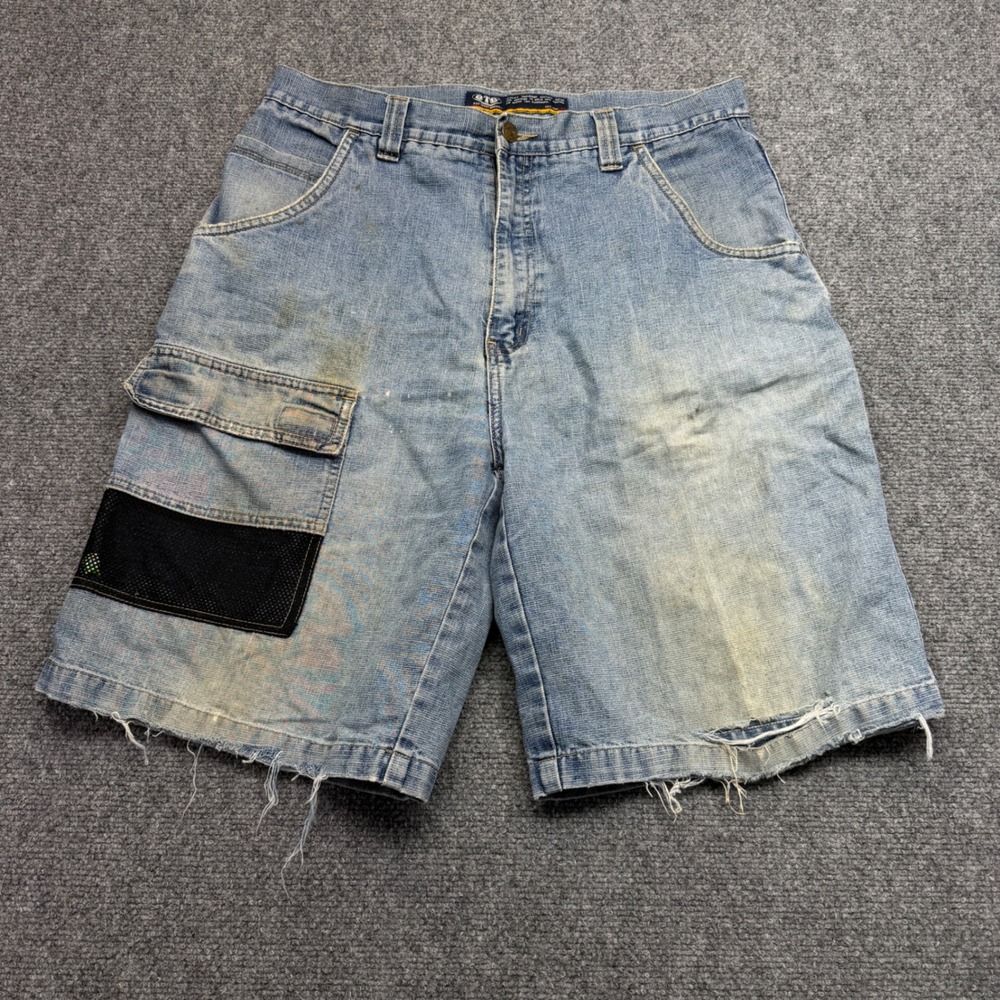 Y2K One‎ Tough Brand Mens Blue Denim Carpenter Shorts Distressed Light Wash 33